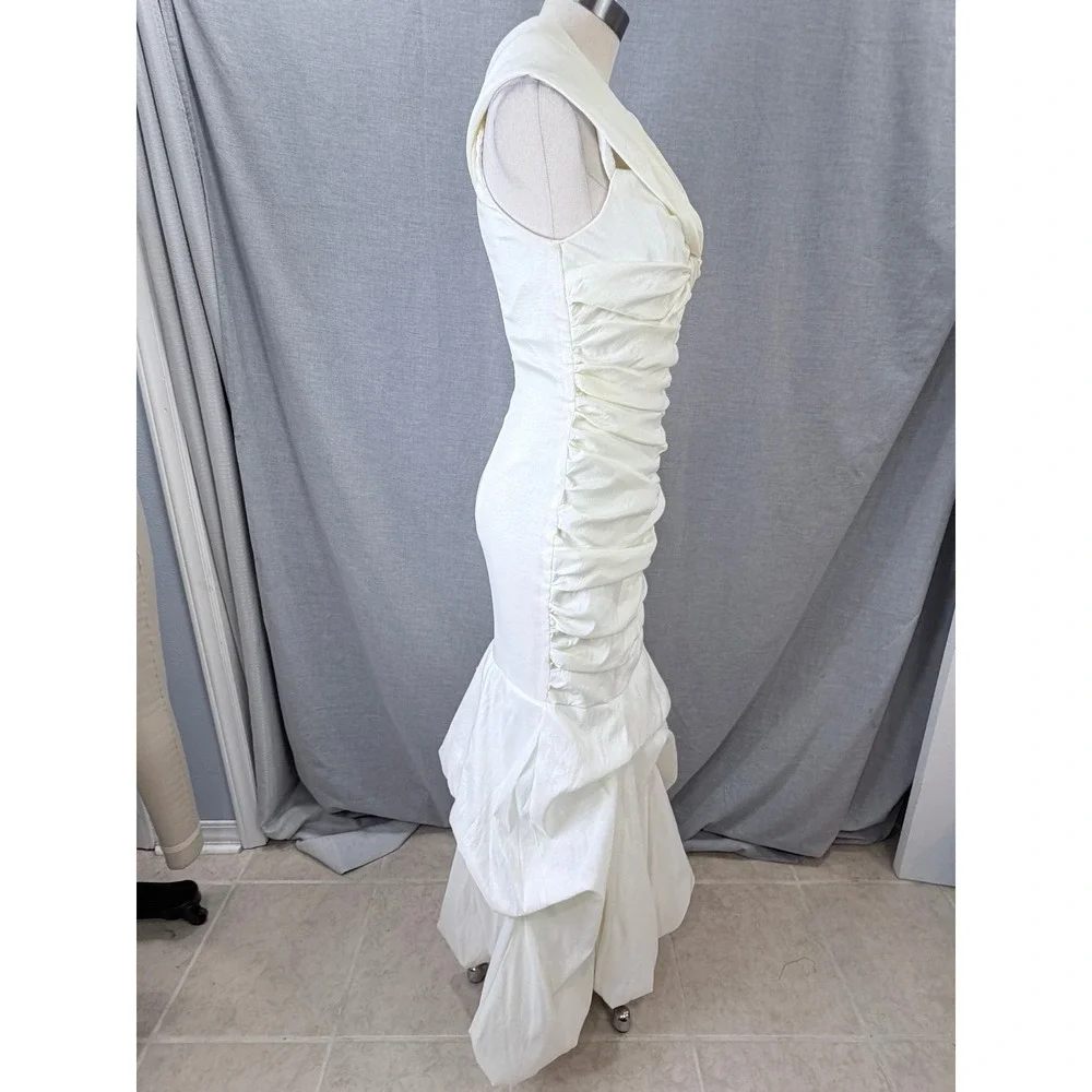 Vintage Jessica McClintock Ivory Ruched Mermaid Gown Rhinestone Brooch 10 - Picture 6 of 11